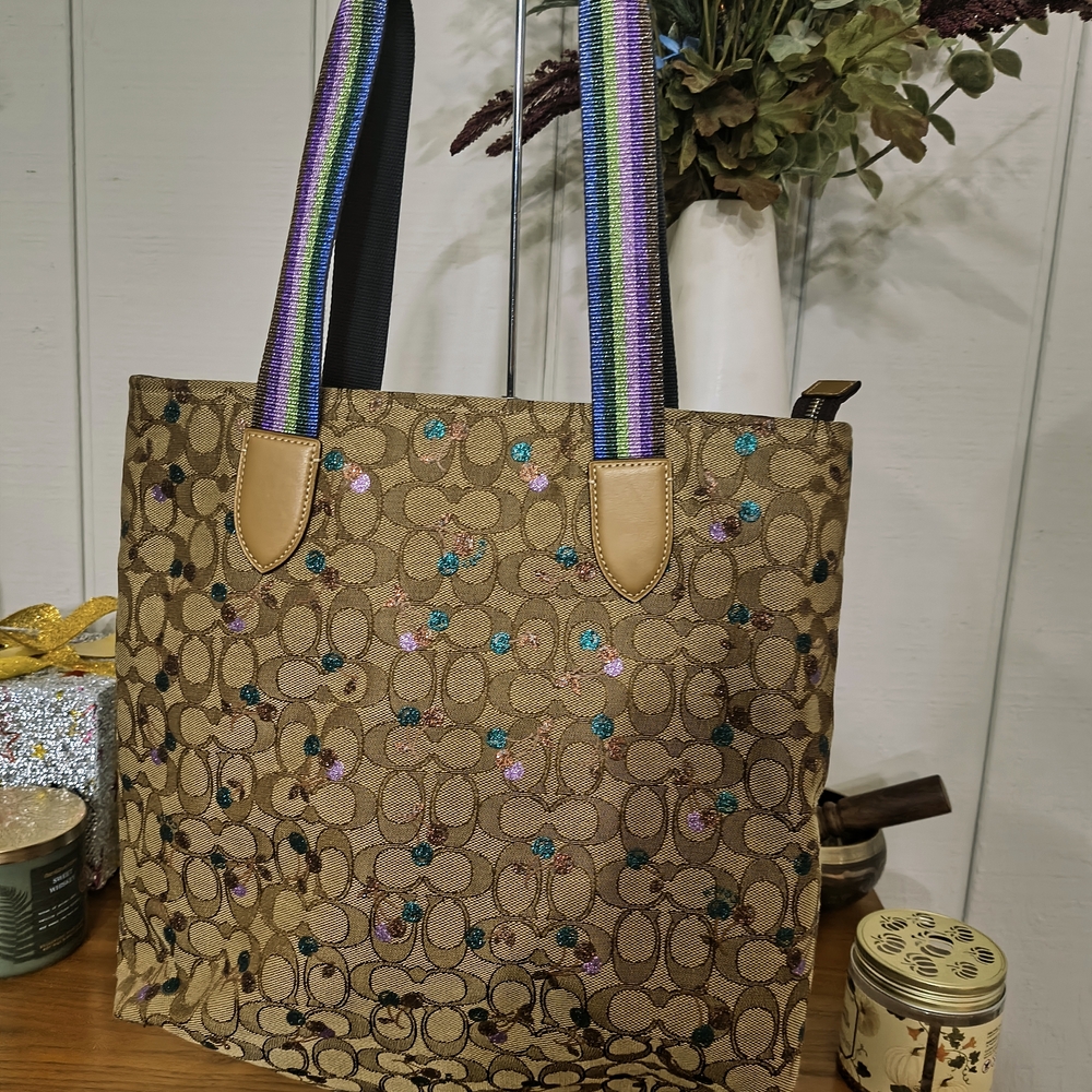 Coach Brown Patterned Shoulder Bag with Multicolor Straps